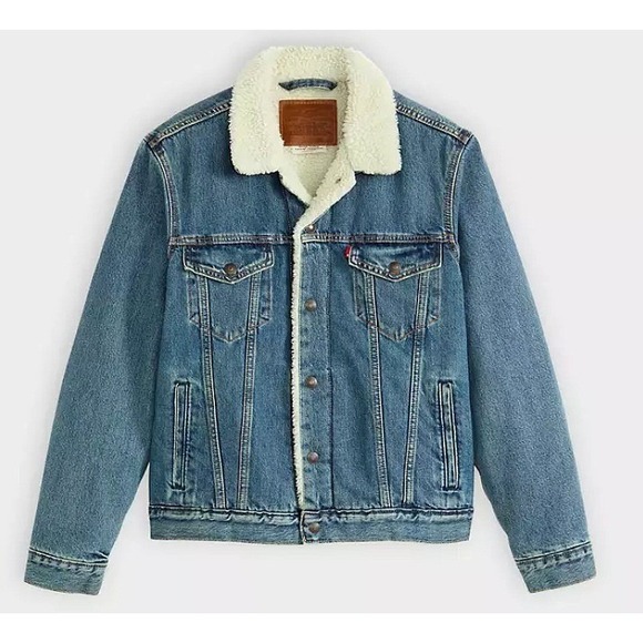 Levis 90s Sherpa Trucker Jacket Vintage Lined Blue Denim Medium Wash Mens Small - Picture 1 of 8